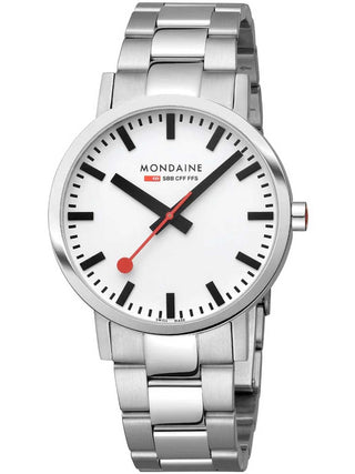 Front view of Mondaine A660.30360.11SBJ White Dial Silver Stainless Steel Unisex Watch on white background