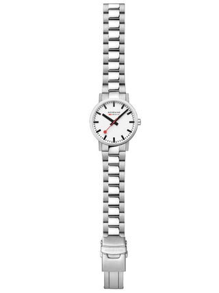 Angle shot of Mondaine A660.30360.11SBJ White Dial Silver Stainless Steel Unisex Watch on white background