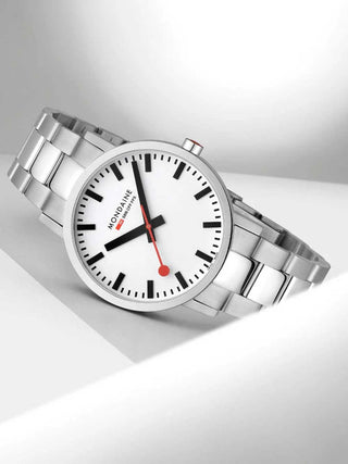 Angle shot of Mondaine A660.30360.11SBJ White Dial Silver Stainless Steel Unisex Watch on white background