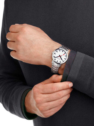Angle shot of Mondaine A660.30360.11SBJ White Dial Silver Stainless Steel Unisex Watch on white background