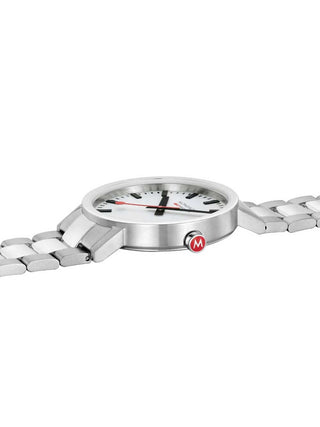 Angle shot of Mondaine A660.30360.11SBJ White Dial Silver Stainless Steel Unisex Watch on white background