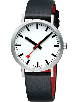 Angle shot of Mondaine A660.30360.16OMV White Dial Black Leather Unisex Watch on white background