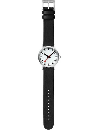 Angle shot of Mondaine A660.30360.16OMV White Dial Black Leather Unisex Watch on white background