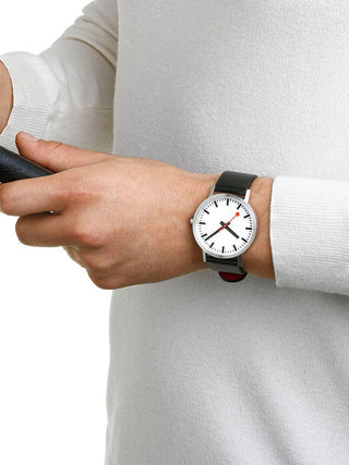 Angle shot of Mondaine A660.30360.16OMV White Dial Black Leather Unisex Watch on white background