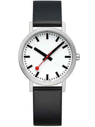 Front view of Mondaine A660.30360.16OMV White Dial Black Leather Unisex Watch on white background