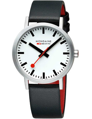Front view of Mondaine A660.30360.16SBBV White Dial Black Leather Unisex Watch on white background