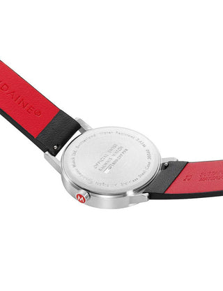 Angle shot of Mondaine A660.30360.16SBBV White Dial Black Leather Unisex Watch on white background
