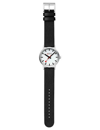 Angle shot of Mondaine A660.30360.16SBBV White Dial Black Leather Unisex Watch on white background