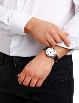 Angle shot of Mondaine A660.30360.16SBBV White Dial Black Leather Unisex Watch on white background