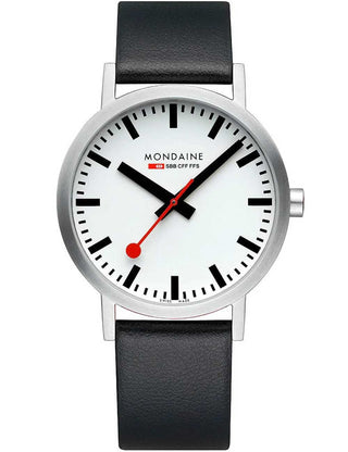 Angle shot of Mondaine A660.30360.16SBBV White Dial Black Leather Unisex Watch on white background