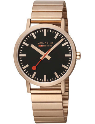 Angle shot of Mondaine A660.30360.16SBR Black Dial Rose Gold Stainless Steel Unisex Watch on white background
