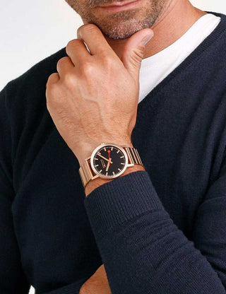 Angle shot of Mondaine A660.30360.16SBR Black Dial Rose Gold Stainless Steel Unisex Watch on white background