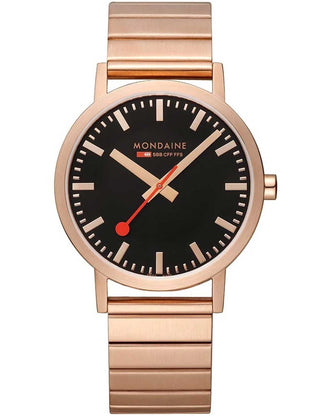 Front view of Mondaine A660.30360.16SBR Black Dial Rose Gold Stainless Steel Unisex Watch on white background