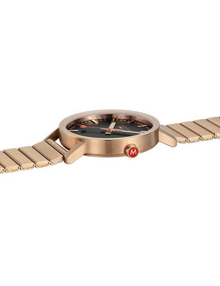 Angle shot of Mondaine A660.30360.16SBR Black Dial Rose Gold Stainless Steel Unisex Watch on white background