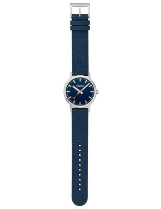 Angle shot of Mondaine A660.30360.40SBD Blue Textile Unisex Watch on white background