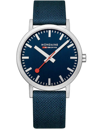 Angle shot of Mondaine A660.30360.40SBD Blue Textile Unisex Watch on white background