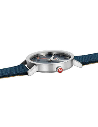 Angle shot of Mondaine A660.30360.40SBD Blue Textile Unisex Watch on white background