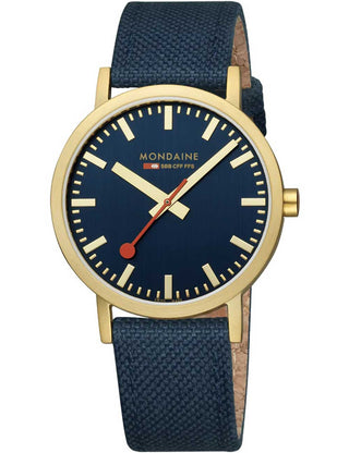Angle shot of Mondaine A660.30360.40SBQ Blue Textile Unisex Watch on white background