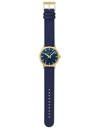 Angle shot of Mondaine A660.30360.40SBQ Blue Textile Unisex Watch on white background