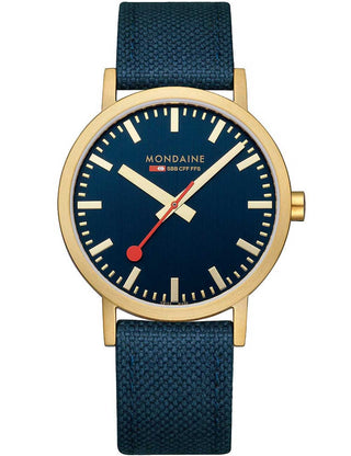 Front view of Mondaine A660.30360.40SBQ Blue Textile Unisex Watch on white background