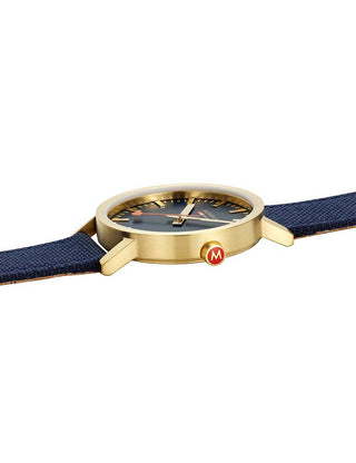 Angle shot of Mondaine A660.30360.40SBQ Blue Textile Unisex Watch on white background