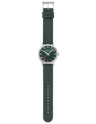 Angle shot of Mondaine A660.30360.60SBF Green Textile Unisex Watch on white background