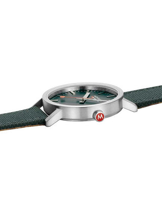Angle shot of Mondaine A660.30360.60SBF Green Textile Unisex Watch on white background