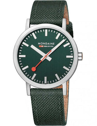 Front view of Mondaine A660.30360.60SBF Green Textile Unisex Watch on white background