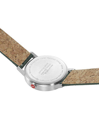 Angle shot of Mondaine A660.30360.60SBF Green Textile Unisex Watch on white background