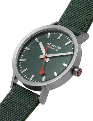 Angle shot of Mondaine A660.30360.60SBF Green Textile Unisex Watch on white background