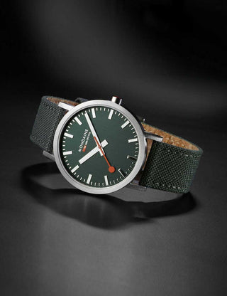 Angle shot of Mondaine A660.30360.60SBF Green Textile Unisex Watch on white background