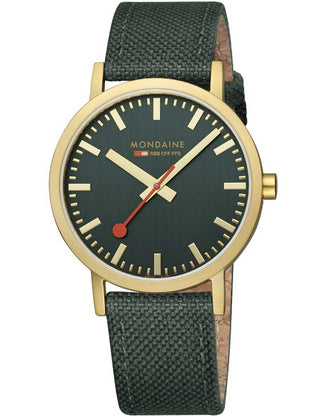 Angle shot of Mondaine A660.30360.60SBS Green Textile Unisex Watch on white background