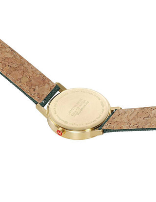 Angle shot of Mondaine A660.30360.60SBS Green Textile Unisex Watch on white background