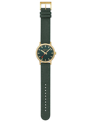 Angle shot of Mondaine A660.30360.60SBS Green Textile Unisex Watch on white background