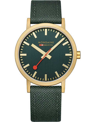 Front view of Mondaine A660.30360.60SBS Green Textile Unisex Watch on white background