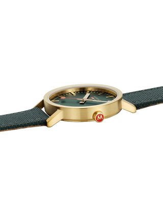 Angle shot of Mondaine A660.30360.60SBS Green Textile Unisex Watch on white background