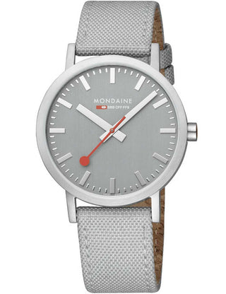 Angle shot of Mondaine A660.30360.80SBH Grey Stainless Steel Unisex Watch on white background