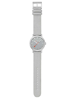Angle shot of Mondaine A660.30360.80SBH Grey Stainless Steel Unisex Watch on white background