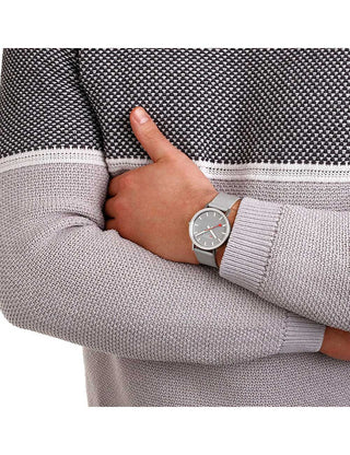 Angle shot of Mondaine A660.30360.80SBH Grey Stainless Steel Unisex Watch on white background