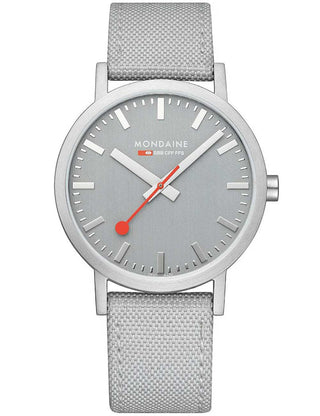 Front view of Mondaine A660.30360.80SBH Grey Stainless Steel Unisex Watch on white background