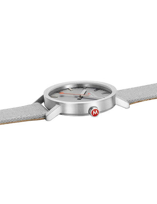 Angle shot of Mondaine A660.30360.80SBH Grey Stainless Steel Unisex Watch on white background