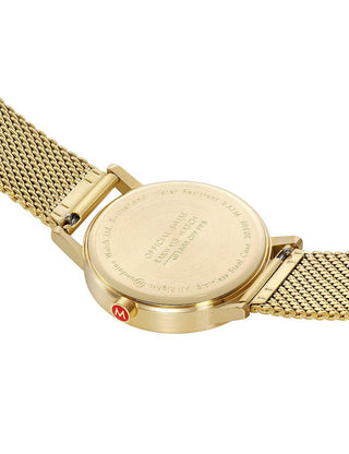 Angle shot of Mondaine Classic Swiss Railways A660.30360.80SBM Grey Dial Gold Stainless Steel Unisex Watch on white background