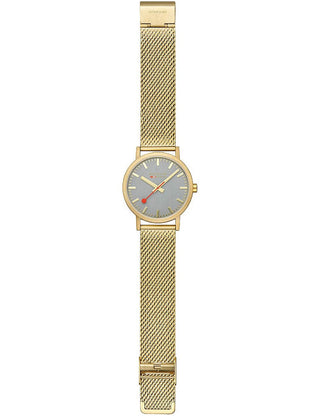 Angle shot of Mondaine Classic Swiss Railways A660.30360.80SBM Grey Dial Gold Stainless Steel Unisex Watch on white background