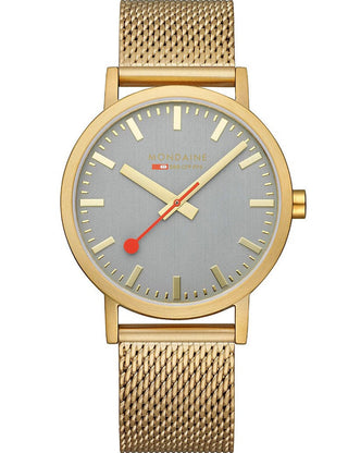 Front view of Mondaine Classic Swiss Railways A660.30360.80SBM Grey Dial Gold Stainless Steel Unisex Watch on white background