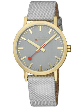 Angle shot of Mondaine A660.30360.80SBU Grey Textile Unisex Watch on white background