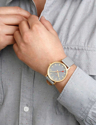 Angle shot of Mondaine A660.30360.80SBU Grey Textile Unisex Watch on white background