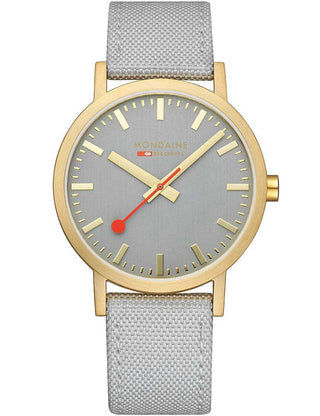Front view of Mondaine A660.30360.80SBU Grey Textile Unisex Watch on white background