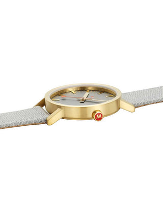 Angle shot of Mondaine A660.30360.80SBU Grey Textile Unisex Watch on white background