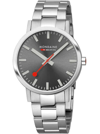 Front view of Mondaine A660.30360.81SBJ Grey Dial Silver Stainless Steel Unisex Watch on white background