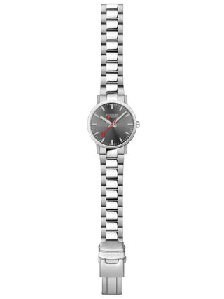 Angle shot of Mondaine A660.30360.81SBJ Grey Dial Silver Stainless Steel Unisex Watch on white background